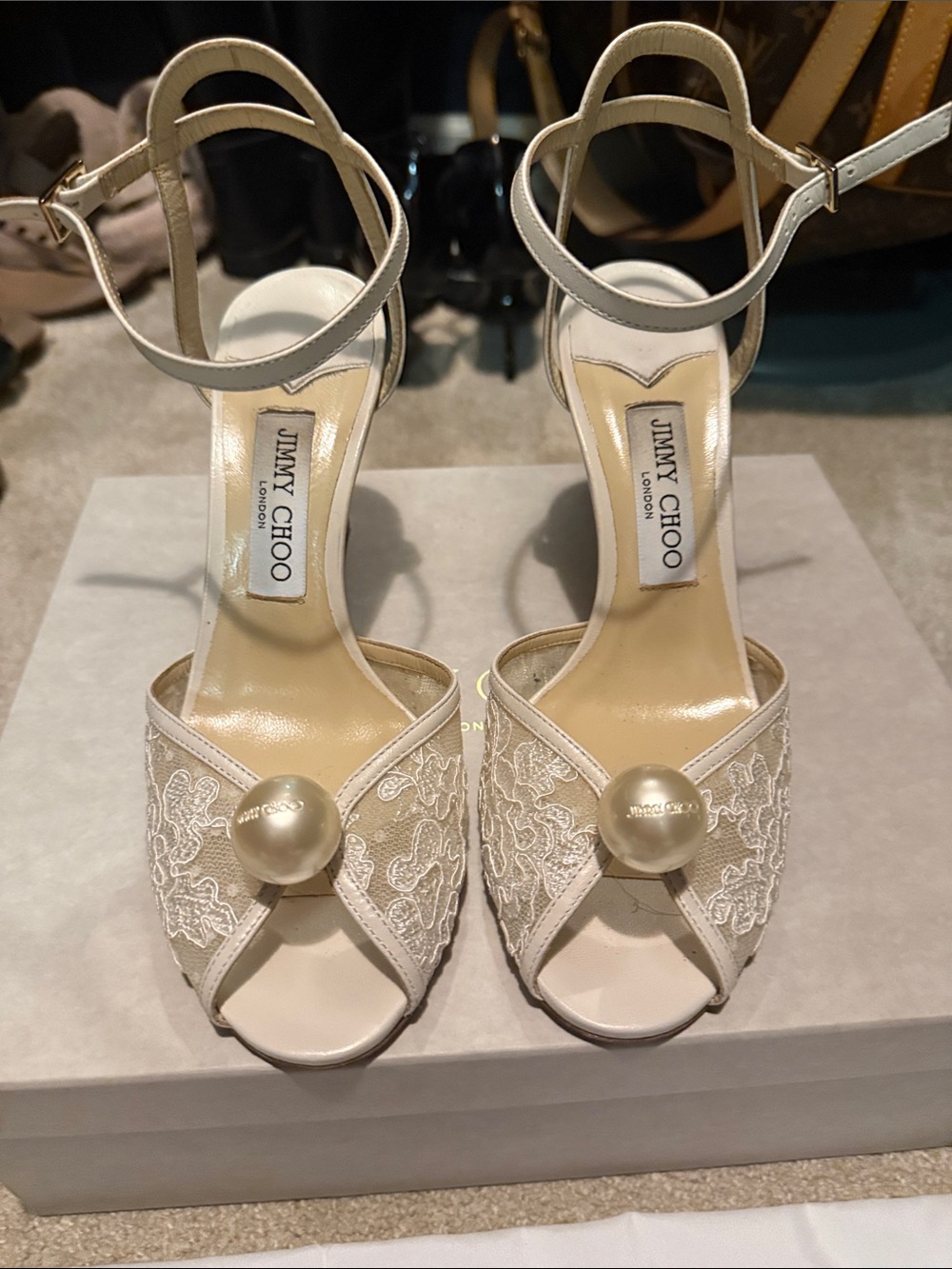 Jimmy Choo Ivory Lace Open-Toe Ankle-Strap Heels with Pearl Accent - Picture 2 of 3